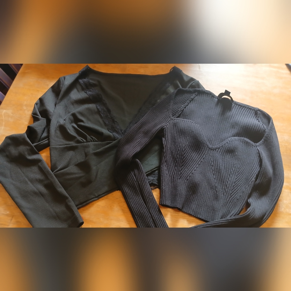 Two Black Long sleeve Knit Tops, Romwe with Lace Trim and Hera ribbed, Medium